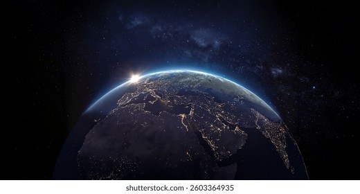 Photo of planet earth on black background at night, Turkey, Europe and Middle East City Lights from space, world map at night, 4K Satellite view.