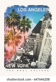 Photo Print New York And Palm Tree California Illustration, Tee Shirt Graphics, Los Angeles And New York Typography