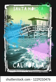 Photo Print Santa Monica Illustration, Tee Shirt Graphics, California Typography