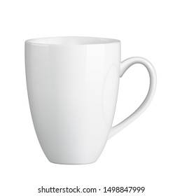 Photo realistic white cup isolated on the transparent background. Design Template for Mock Up. Template ceramic clean white mug with a matte effect, without the bright glare.