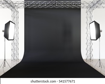 Photo Studio Interior With Equipment And Black Cyclorama. 3d Render.