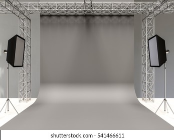 Photo Studio Interior With Equipment. Gray Cyclorama. 3d Render.