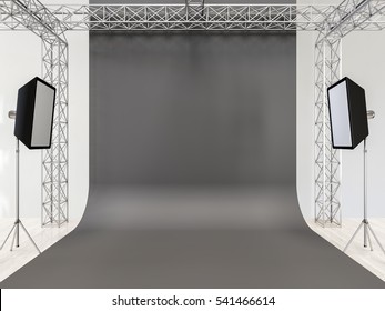 Photo Studio Interior With Equipment. Gray Cyclorama. 3d Render.