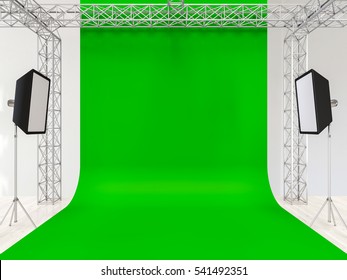 Photo Studio Interior With Equipment And Green Chromakey. 3d Render.