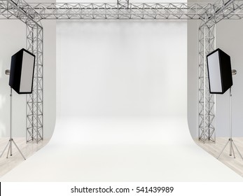 Photo Studio Interior With Equipment. White Cyclorama. 3d Render.