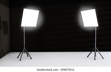 Photo Studio Interior With Equipment. White Cyclorama. 3d Render.