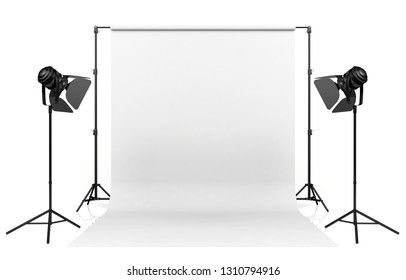 Photo Studio Lighting Set Up With White Backdrop On White Background, 3D Rendering