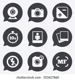 Photo, video icons. Web camera, photos and frame signs. No flash, timer and portrait symbols. Flat icons in speech bubble pointers.