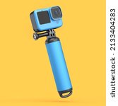 Photo and video lightweight blue action camera with monopod on orange background. 3D rendering of professional photography equipment for sportsmen and travel