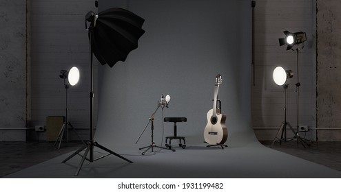 Photo and video studio with lighting equipment.Concept for music and song.3d rendering