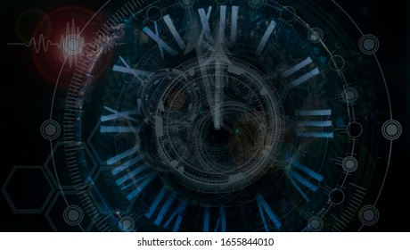 Photo Vintage Clock. Abstract Interplay Of Clock Symbols And Graphic Elements On The Subject Of Time, Technology, Past, Present And Future.