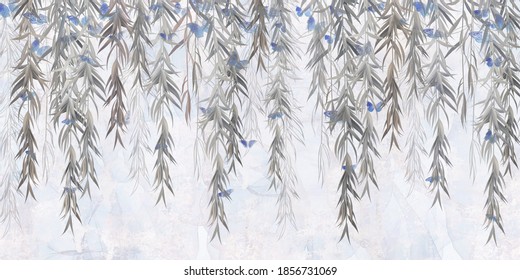 Photo wallpaper, wallpaper, mural design in the loft, classic, modern style. Willow branches with butterflies on a gray concrete grunge wall. 
