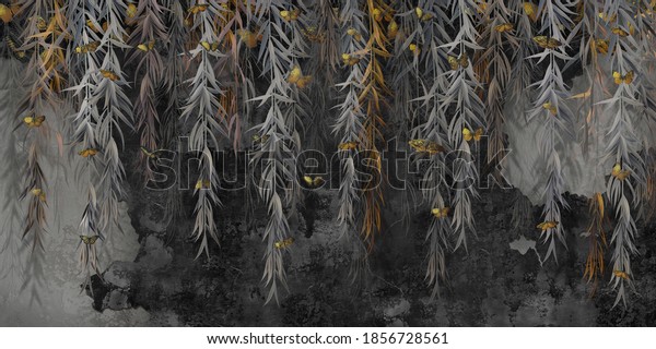 Photo wallpaper, wallpaper, mural design in the loft, classic, modern style. Willow branches with gold butterflies on a dark concrete grunge wall.