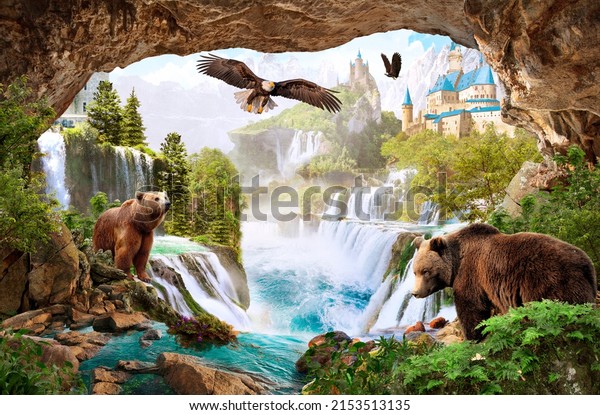 Photo wallpapers. Digital mural. Bears at the old castle with forest waterfalls.