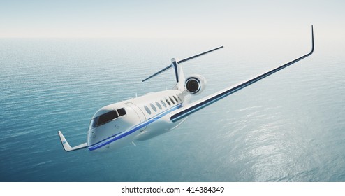 Photo Of White Luxury Generic Design Bussines Airplane Flying Over The Sea. Empty Blue Sky At Background. Luxury Travel Concept. Horizontal . 3d Rendering