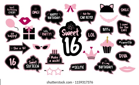 Photobooth props set for sweet sixteen 16  birthday. Happy birthday party. Funny phrases, glasses, lips, crown, cake for 16th anniversary. Bubble speech. Photo booth elements. - Powered by Shutterstock