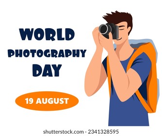 Photographer guy  illustration isolated on white background. Photographer's Day image. Concept photos, professions. World photography day - Powered by Shutterstock