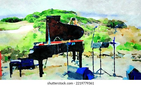 A Photographer On The Stage Of An Outdoor Concert Photographs The Audience Placed Behind A Piano.