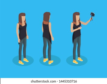 Photographer worker set icons back profile and front view of lady with camera. Model taking selfie holding mobile phone in hand isolated on raster - Powered by Shutterstock