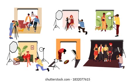 Photographers In Studio. Cartoon Models Working At Photo Studio In Different Poses And With Costumes  Illustration Photographer With Professional Equipment Photographs Couple And Family With Dog