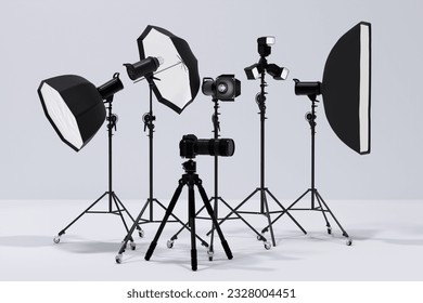 Photography studio flash on a lighting stand isolated on white background with curtain. 3D rendering and illustration of professional equipment like monobloc or monolight - Powered by Shutterstock