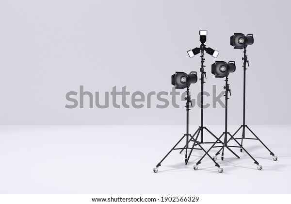 Photography studio flash on a\
lighting stand isolated on white background with curtain. 3D\
rendering and illustration of professional equipment like monobloc\
or monolight