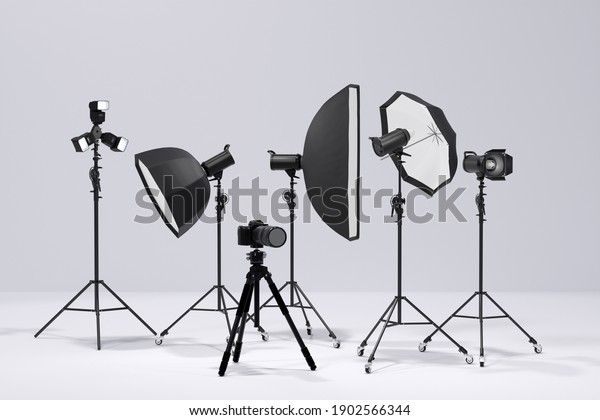 Photography studio flash on a\
lighting stand isolated on white background with curtain. 3D\
rendering and illustration of professional equipment like monobloc\
or monolight