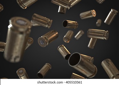 Photorealistic 3D illustration of Flying bullet shells on a black background