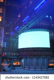 Photorealistic 3d Illustration Of The Futuristic City In The Style Of Cyberpunk. Downtown Street With Neon Lights. Beautiful Night Scene. A Huge Glowing Billboard On The Building.