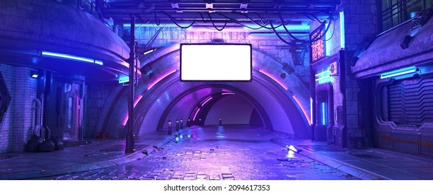 Photorealistic 3d Illustration Of The Futuristic City In The Style Of Cyberpunk. Empty Street With Neon Lights And Big Glowing Billboard. Beautiful Night Cityscape. Grunge Urban Landscape.