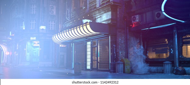 Photorealistic 3d illustration of the futuristic cityscape in the style of cyberpunk. Empty street with neon lights. Beautiful night scene.