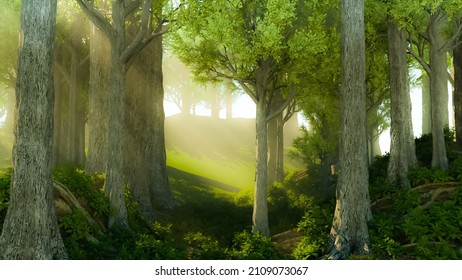 Photorealistic background: morning in a beautiful magic forest with sunrays coming down through the trees. 3D rendering