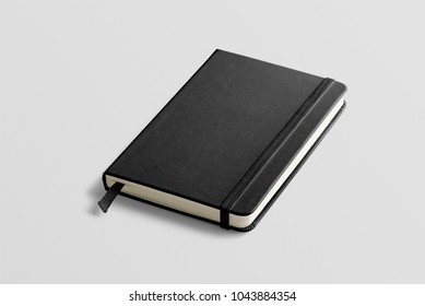 Photorealistic Black Leather Notebook Mockup On Light Grey Background, 3d Illustration. 