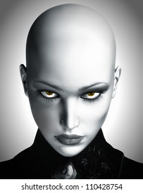 A Photo-realistic Black And White Digital Illustration Of A Beautiful, Bald, Futuristic Woman Staring Into Camera.
