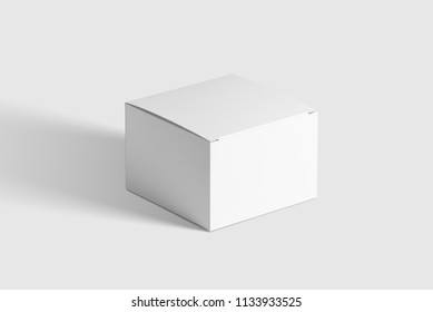 Photorealistic Flat Square Cardboard Package Box Mockup On Light Grey Background. 3D Illustration. Mockup Template Ready For Your Design.