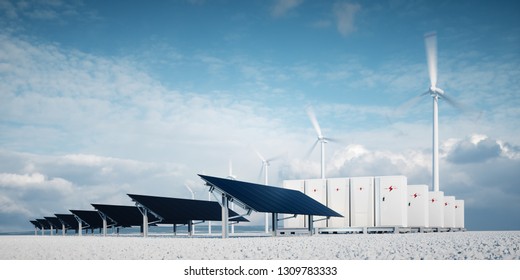 Photorealistic futuristic concept of renewable energy storage. Modern, aesthetic and efficient dark solar panel panels, a modular battery energy storage system and a wind turbine system. 3D rendering.