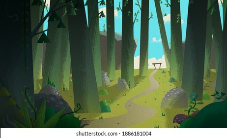 Photoshop Illustration Of A Cartoon Jungle With Trees Around And A Road In The Middle Into A Gate And Hills In Flat Cartoon Style