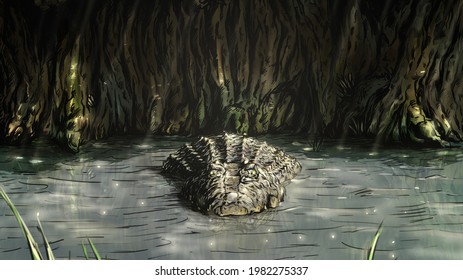 Photoshop Illustration Of A Crocodile Appearing Its Body And Head From Water In A Wild River And Jungle Semi-realistic Illustration Style