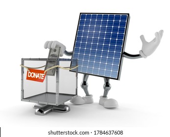 Fotovoltaik-Panel-Zeichen mit Spendenbox einzeln auf weißem Hintergrund. 3D-Illustration
