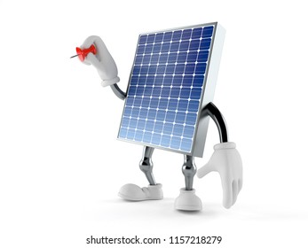 Photovoltaic panel character holding thumbtack isolated on white background. 3d illustration