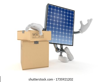 Fotovoltaik-Panel-Zeichen mit Stapel von Boxen isoliert auf weißem Hintergrund. 3D-Abbildung