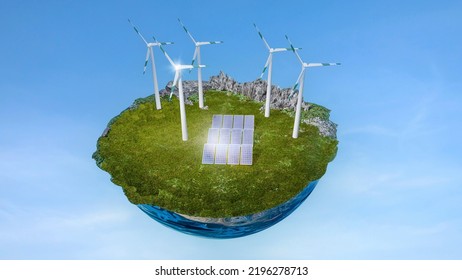 Photovoltaic And Wind Turbines On Earth Hemisphere - 3D-Illustration