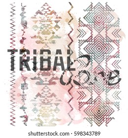 Phrase Tribal Core on ethnic pattern. T-shirt design on watercolor background with triangles, navajo ornaments and tribal lines. Textile print for girls or boys.