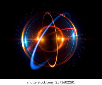 Physical graphic concept of atomic structure. Light ring. Colorful electron particle. Speed of light. Particle acceleration. Energy particle physics.
Energy ball. Science technology. Bright sphere. 