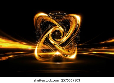 Physical graphic concept of atomic structure. Light ring. Colorful electron particle. 
Speed of light. Particle acceleration. Energy particle physics.
Energy ball. Science technology. Bright sphere.