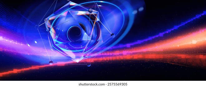 Physical graphic concept of atomic structure. Light ring. Colorful electron particle. 
Speed of light. Particle acceleration. Energy particle physics.
Energy ball. Science technology. Bright sphere.