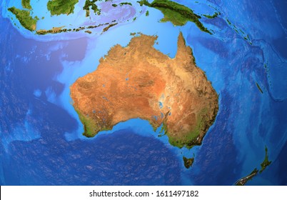 Physical map of Australia. Detailed satellite view of the australian landforms. Elements of this image furnished by NASA.