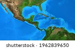 Physical map of Central America and the Caribbean. Detailed flat view of the Planet Earth and its landforms. 3D illustration - Elements of this image furnished by NASA