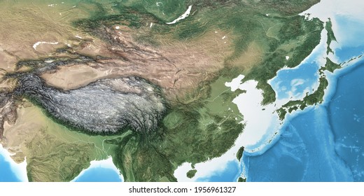 Physical map of East Asia, China, with high resolution details. Flattened satellite view of Planet Earth, its geography and topography. 3D illustration - Elements of this image furnished by NASA