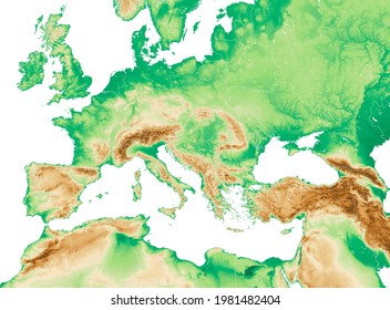 Physical Map Of Mediterranean And Central Europe, States And Borders, North Africa And The Middle East. Mountains, Lakes And Plains. 3d Render